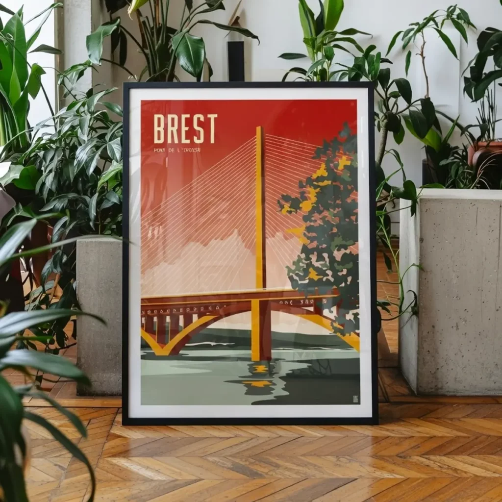 Décoration murale Brest : Pont de l’Iroise Andrinople Affiche rouge andrinople profond du pont de l'Iroise encadrée dans une décoration de salon contemporaine - L'Affichologiste