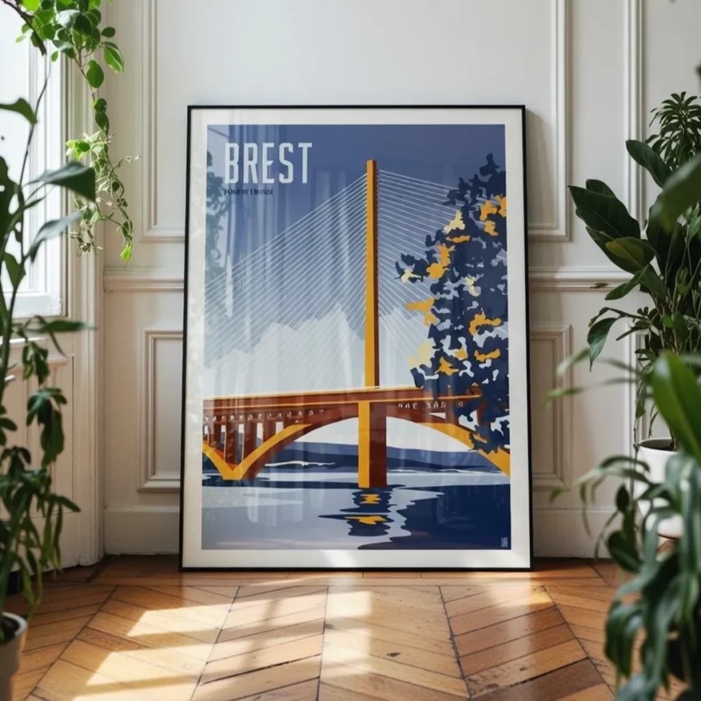 Inspiration déco : apportez la sérénité du bleu Delft à votre intérieur Décoration murale raffinée avec l'affiche bleue du Pont de l'Iroise, encadrée dans un intérieur néo classique chic parisien contemporain - L'Affichologiste