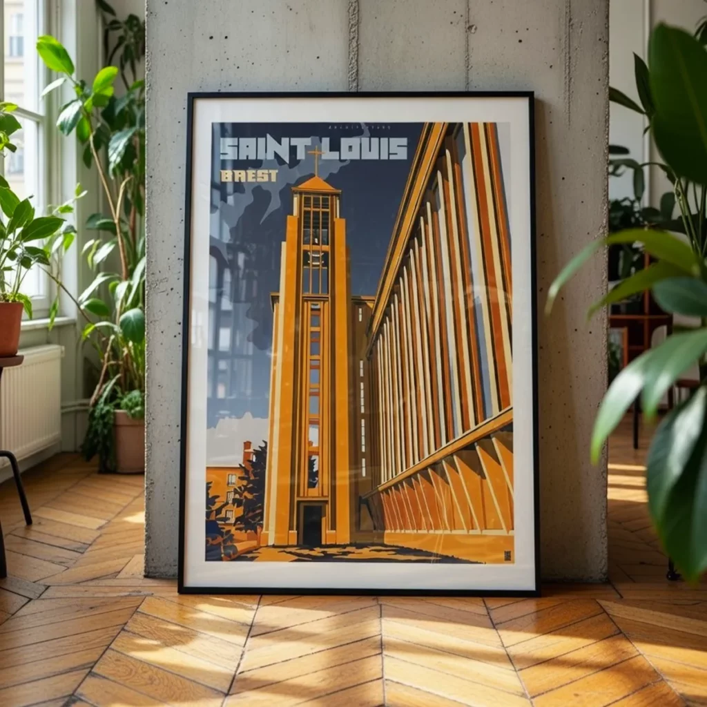 Inspiration déco : L’affiche Saint-Louis en Edition « Iceland Poppy ». Décoration d'intérieur d'un appartement néo moderne type éco brutaliste avec l'affiche de l'Église Saint-Louis de Brest, Edition Iceland Poppy par L'Affichologiste, encadrée posée au sol, vue de face.