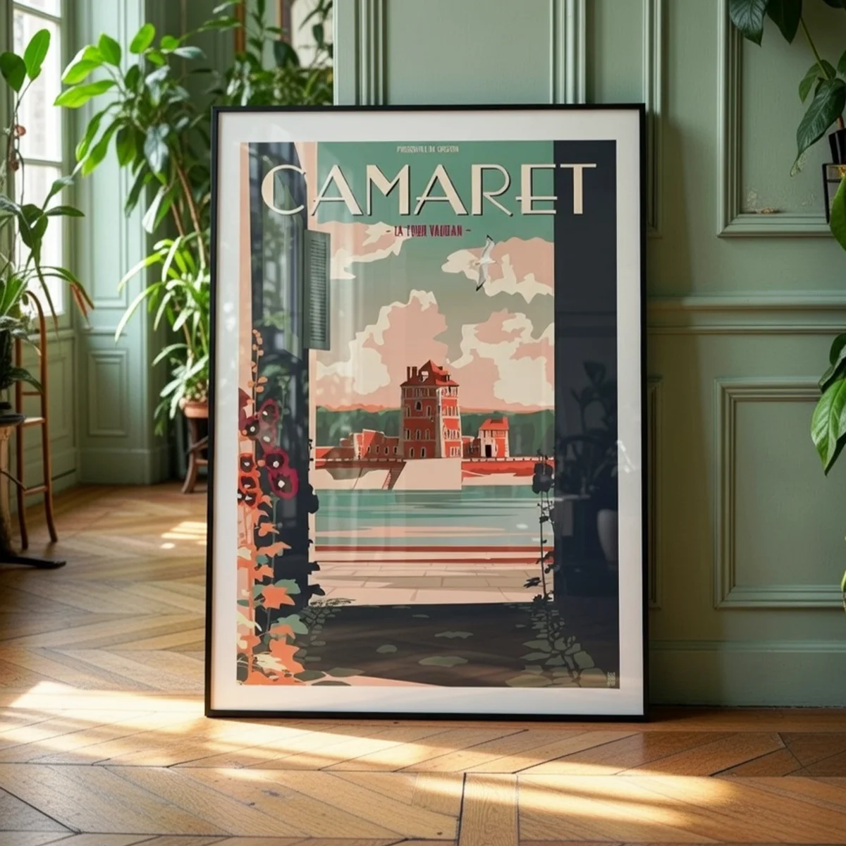 Décoration murale avec l'affiche de la Tour Dorée de Camaret-sur-Mer encadrée dans un intérieur classique d'un appartement type haussmannien lumineux et chaleureux - L'Affichologiste