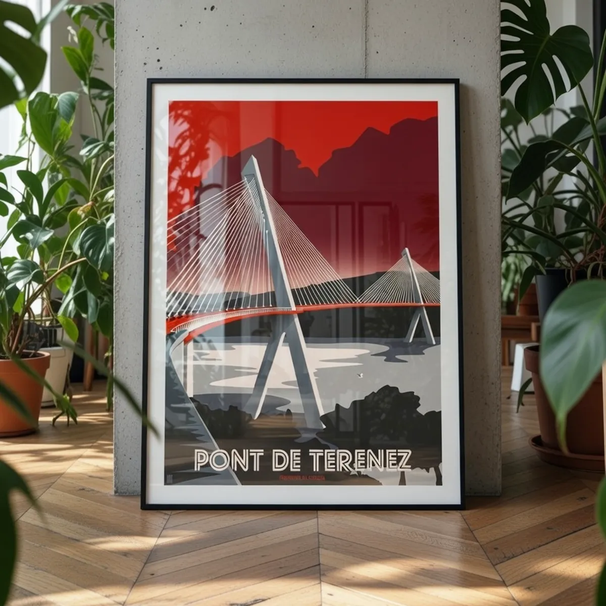 Décoration intérieure moderne type loft avec l'affiche du Pont de Térénez de Crozon, coloris rouge ponceau, encadrée - L'Affichologiste
