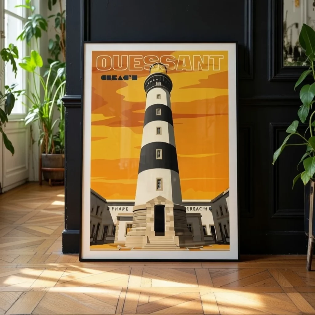 Décoration intérieure marine avec l'affiche du phare du Créac'h d'Ouessant encadrée dans un salon classique parisien noir - L'Affichologiste
