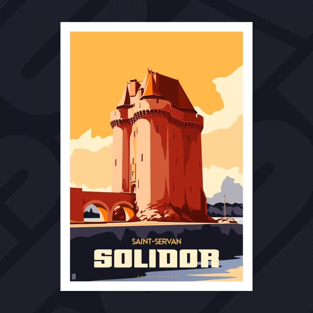 Affiche graphique de la Tour Solidor à Saint-Malo, édition Orange Pop aux couleurs vives et style moderne - L'Affichologiste