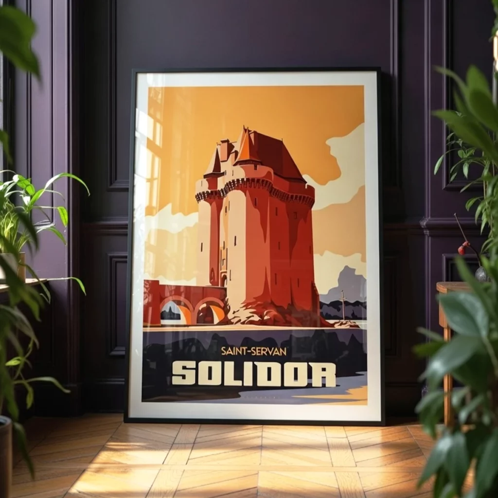 Décoration murale salon avec l'affiche orange Pop de la Tour Solidor de Saint-Malo sous cadre, style rétro pop - L'Affichologiste