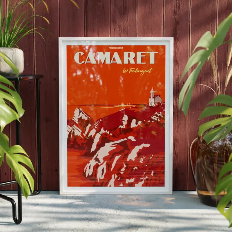 Affiche de la pointe du Toulinguet à Camaret-sur-Mer de la couleur rouge corail
