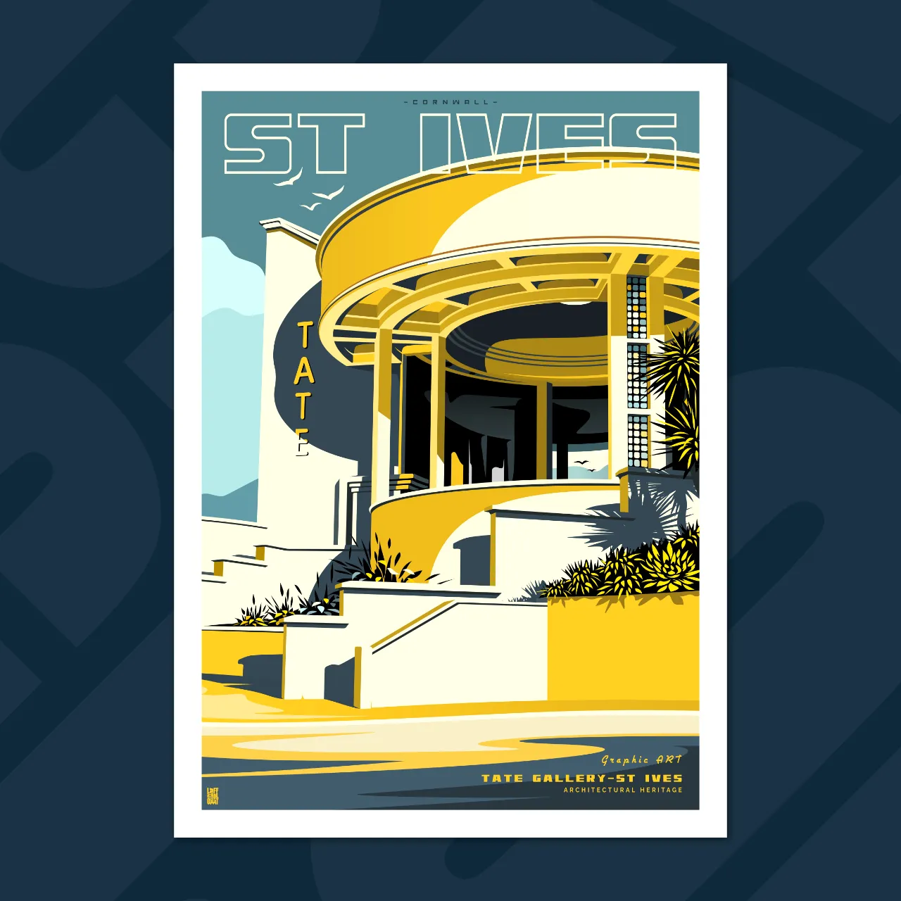 Affiche Tate St Ives Cornwall - Illustration architecture moderne, Edition AquaBlue - L'Affichologiste