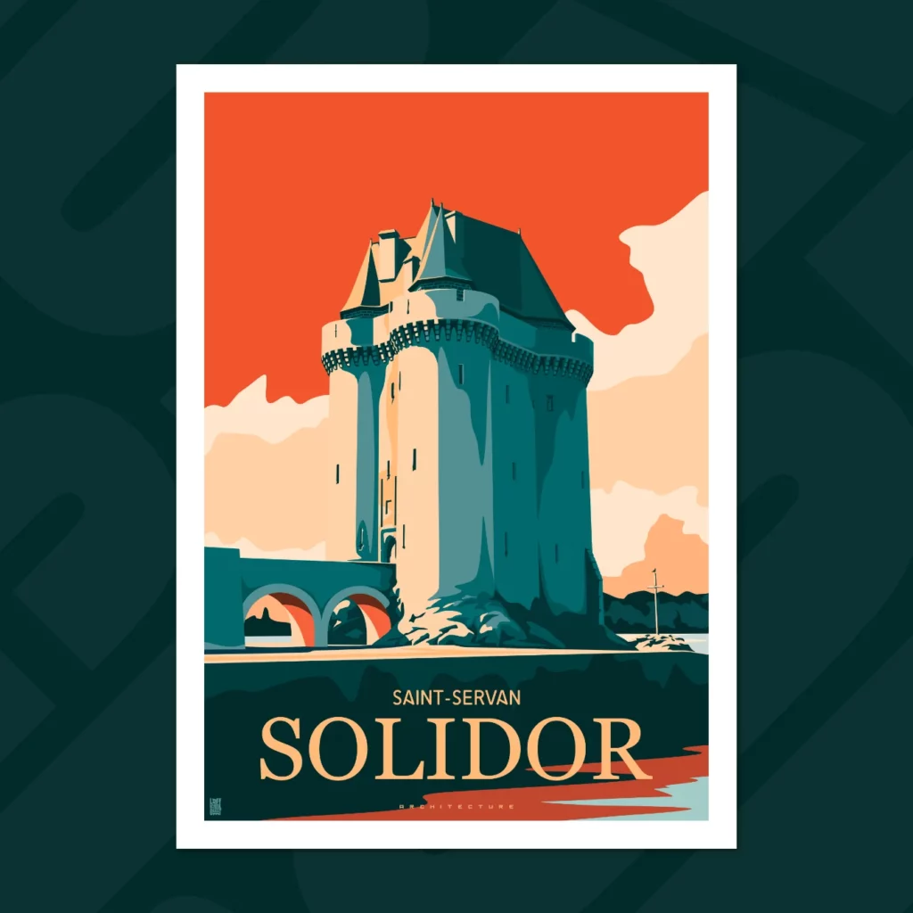 Affiche de la Tour Solidor à Saint-Malo, coloris Flame avec ciel rouge flamboyant et contrastes sombres - L'Affichologiste