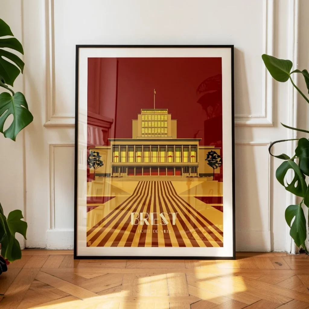 Hôtel de Ville de Brest – Affiche Déco Vintage Affiche de l'Hôtel de Ville de Brest, style brutaliste, coloris rouge grenat, dans un appartement parisien - L'Affichologiste