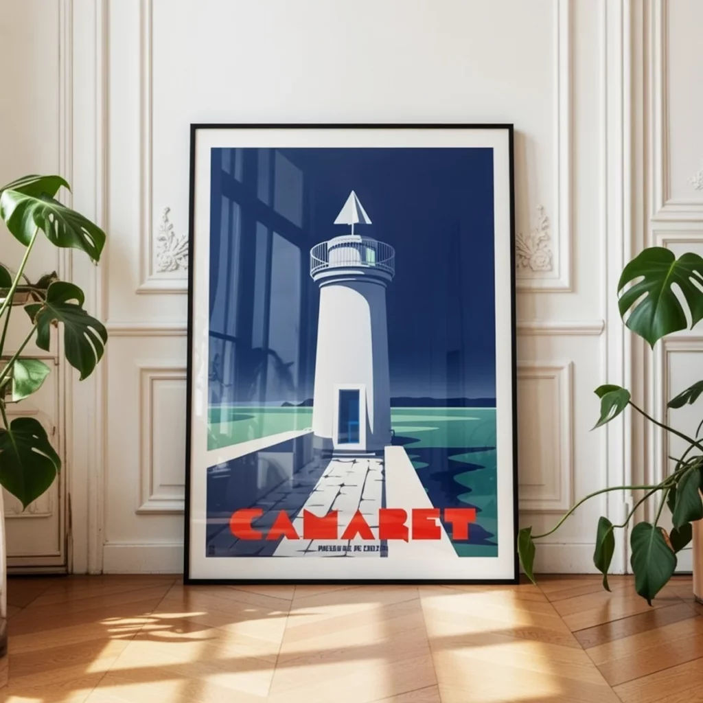 Le Fanal du Sillon : l’esprit de Camaret-sur-Mer dans une illustration épurée Affiche du phare de Camaret-sur-Mer encadrée dans un intérieur minimaliste type appartement parisien - L'Affichologiste