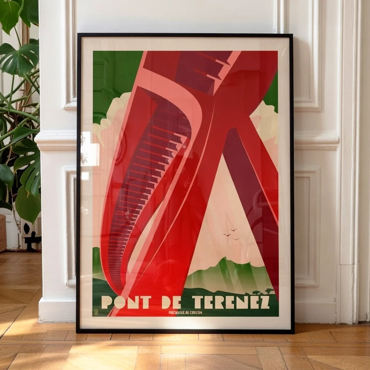 Affiche du pont de Térénez coloris vert hooker dans un appartement parisien moderne classique, ambiance lumineuse et raffinée - L'Affichologiste