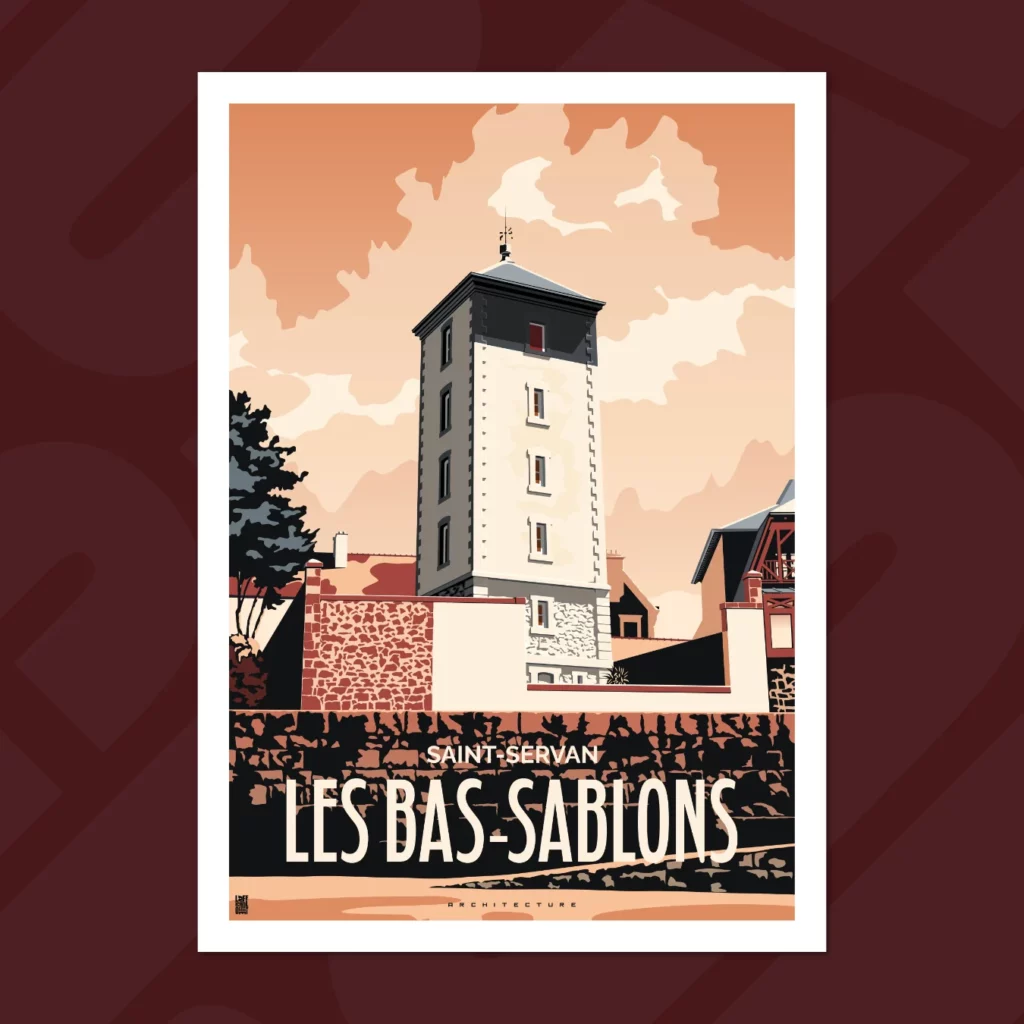 Affiche rétro chic du phare des Bas-Sablons à Saint-Malo, illustration marine en coloris Peach Bloom - L'Affichologiste