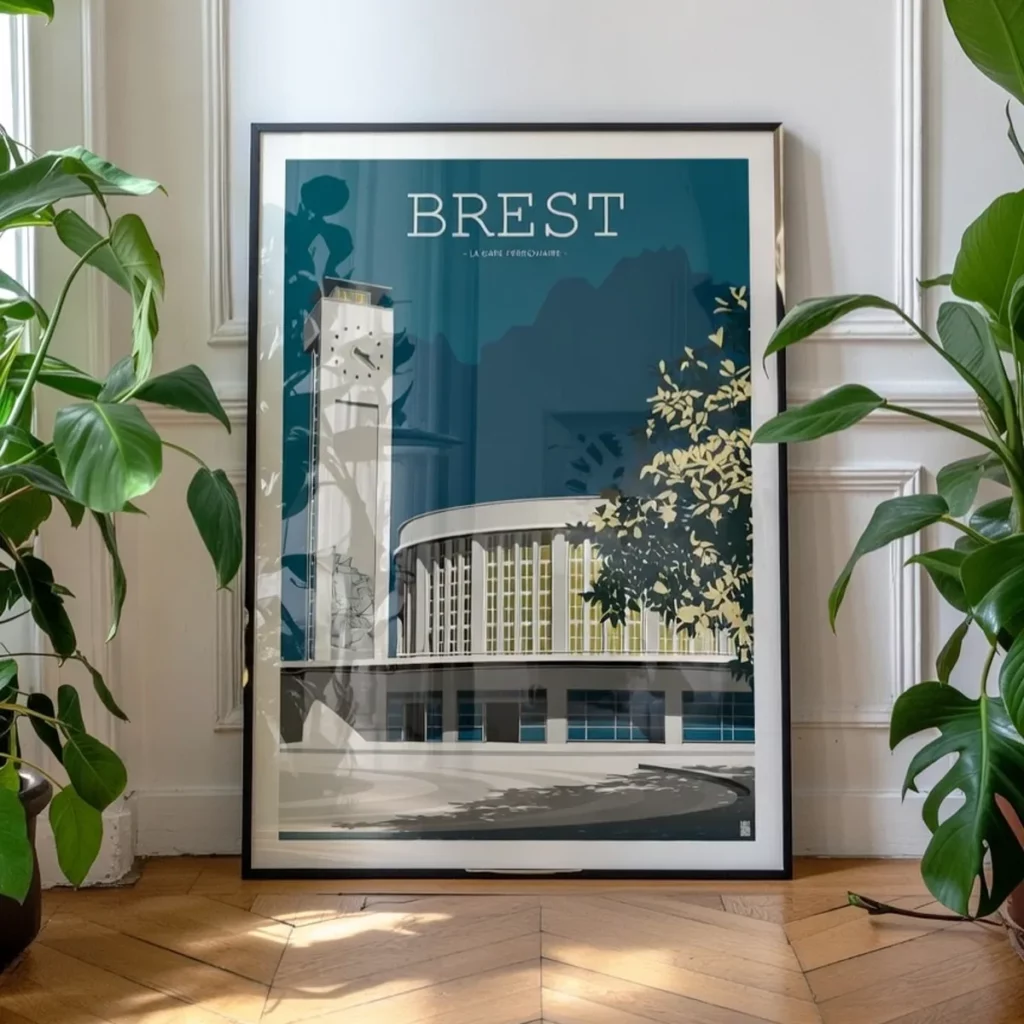 La gare de Brest : héritage Art Déco Affiche de la gare de Brest, Edition Lyons Blue dans une décoration d'intérieur sobre, chic et moderne - L'Affichologiste
