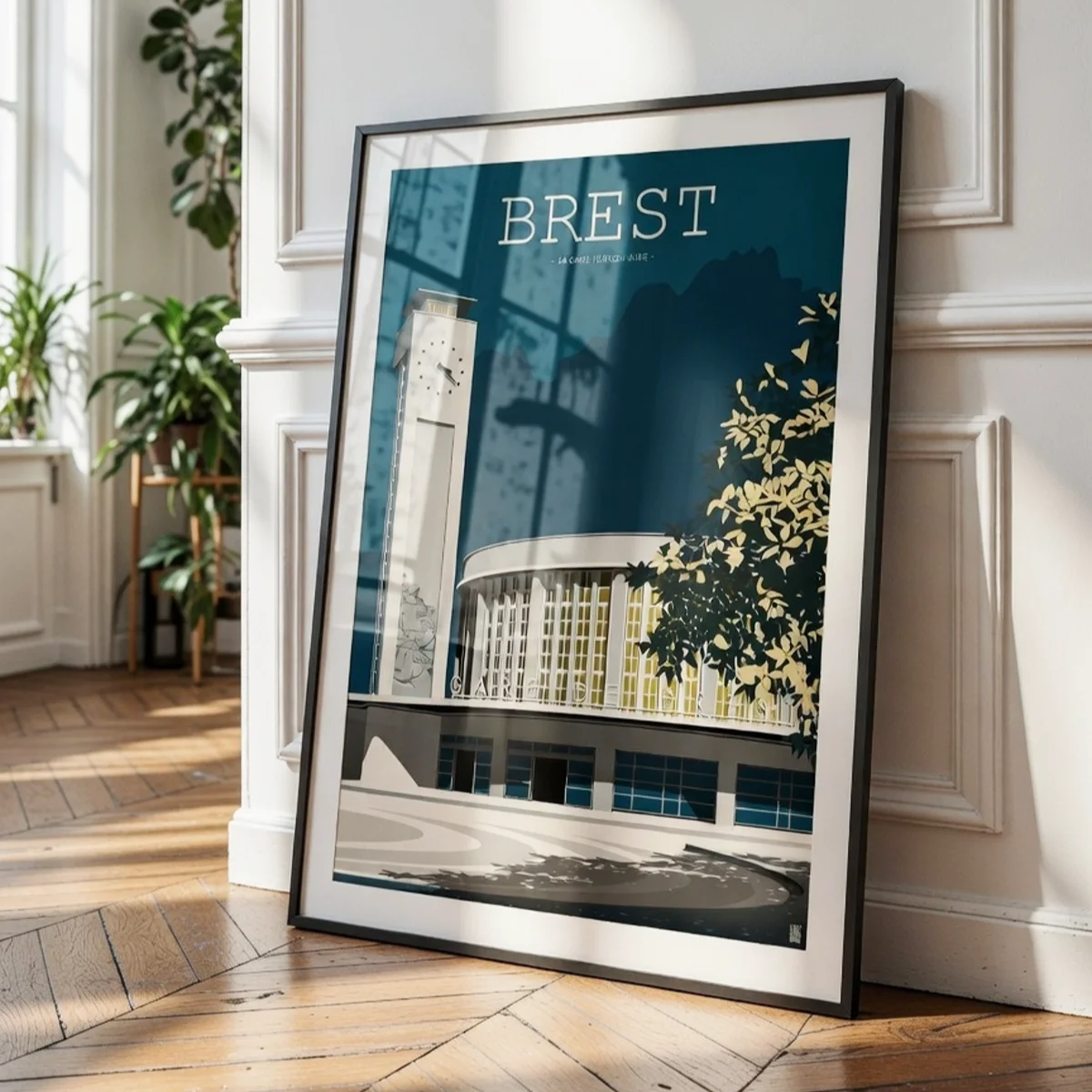 Affiche Gare de Brest Lyons Blue dans un cadre noir fin posée au sol d'un appartement parisien type haussmannien moderne chic - L'Affichologiste