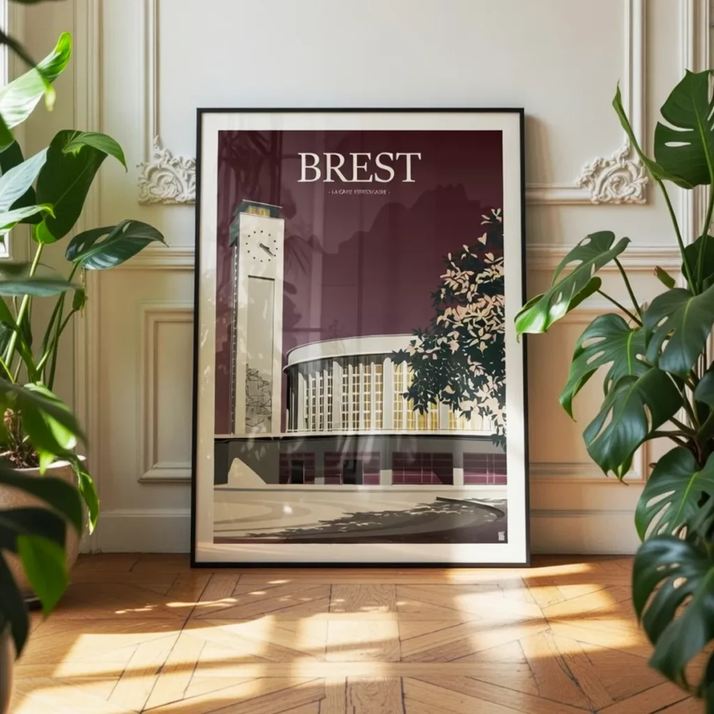 Premier pied en terre Brestoise : La gare ferroviaire Affiche de la gare de Brest, Edition Windsor Wine dans un appartement parisien de type Haussmannien. Ambiance chic et moderne - L'Affichologiste