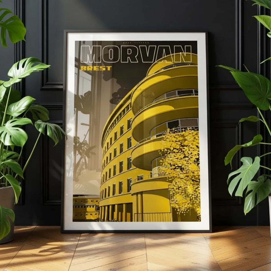 Hôpital Morvan : style Art Déco « Paquebot » Affiche hôpital Morvan Brest, Edition Yellow Dark encadrée dans une décoration de salon type classique haussmannien jungle black - L'Affichologiste