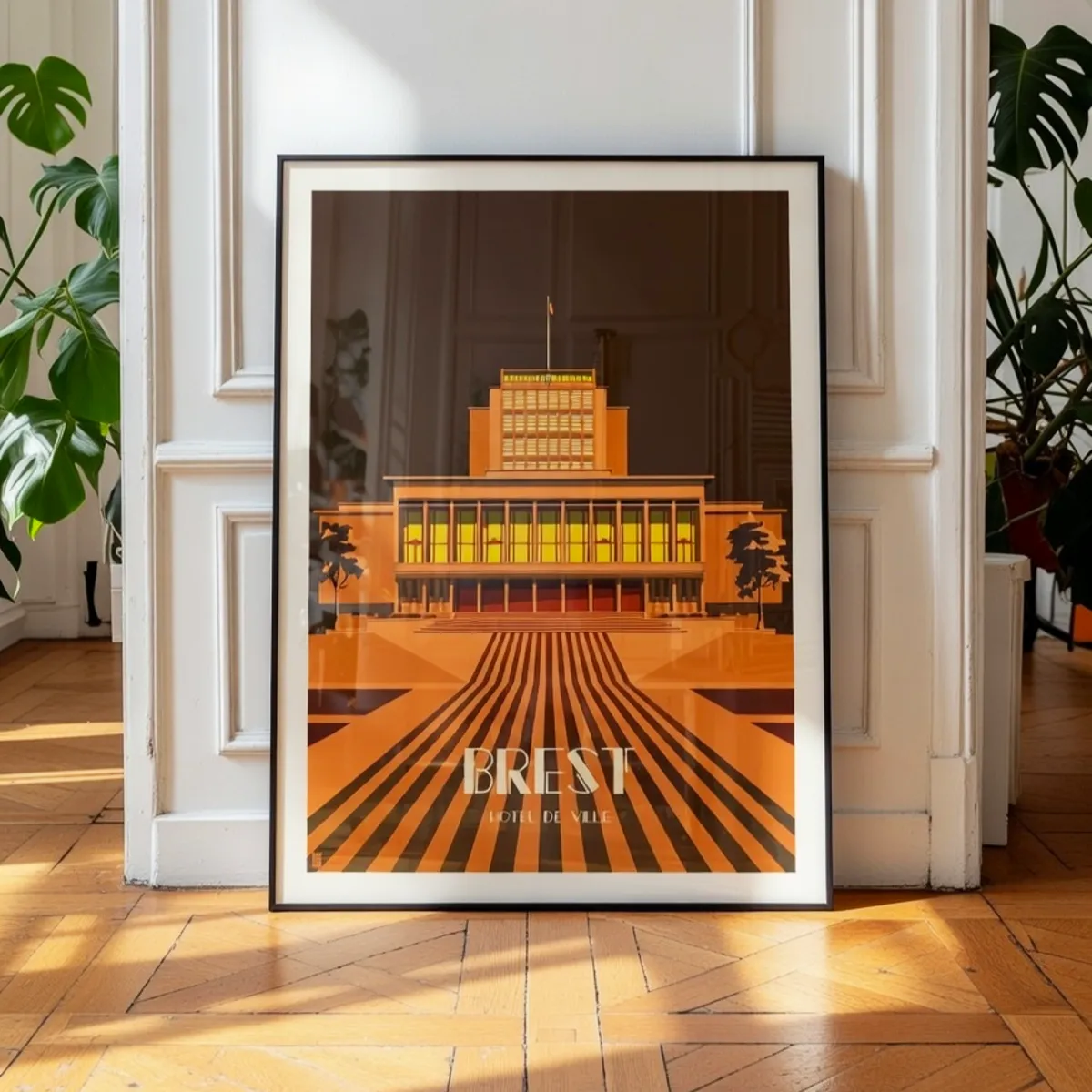 Affiche de l'Hôtel de Ville de Brest, style brutaliste, coloris brun cachou, dans un appartement parisien classique chic - L'Affichologiste