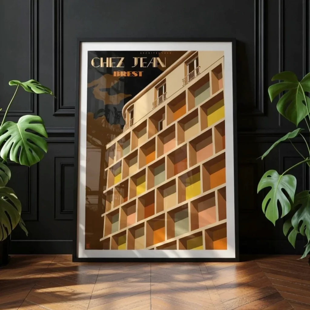 Les Magasin Jean : icône architecturale de l’élégance Brestoise Affiche "Chez jean" encadrée dans une décoration de salon type classique haussmannien jungle black - L'Affichologiste