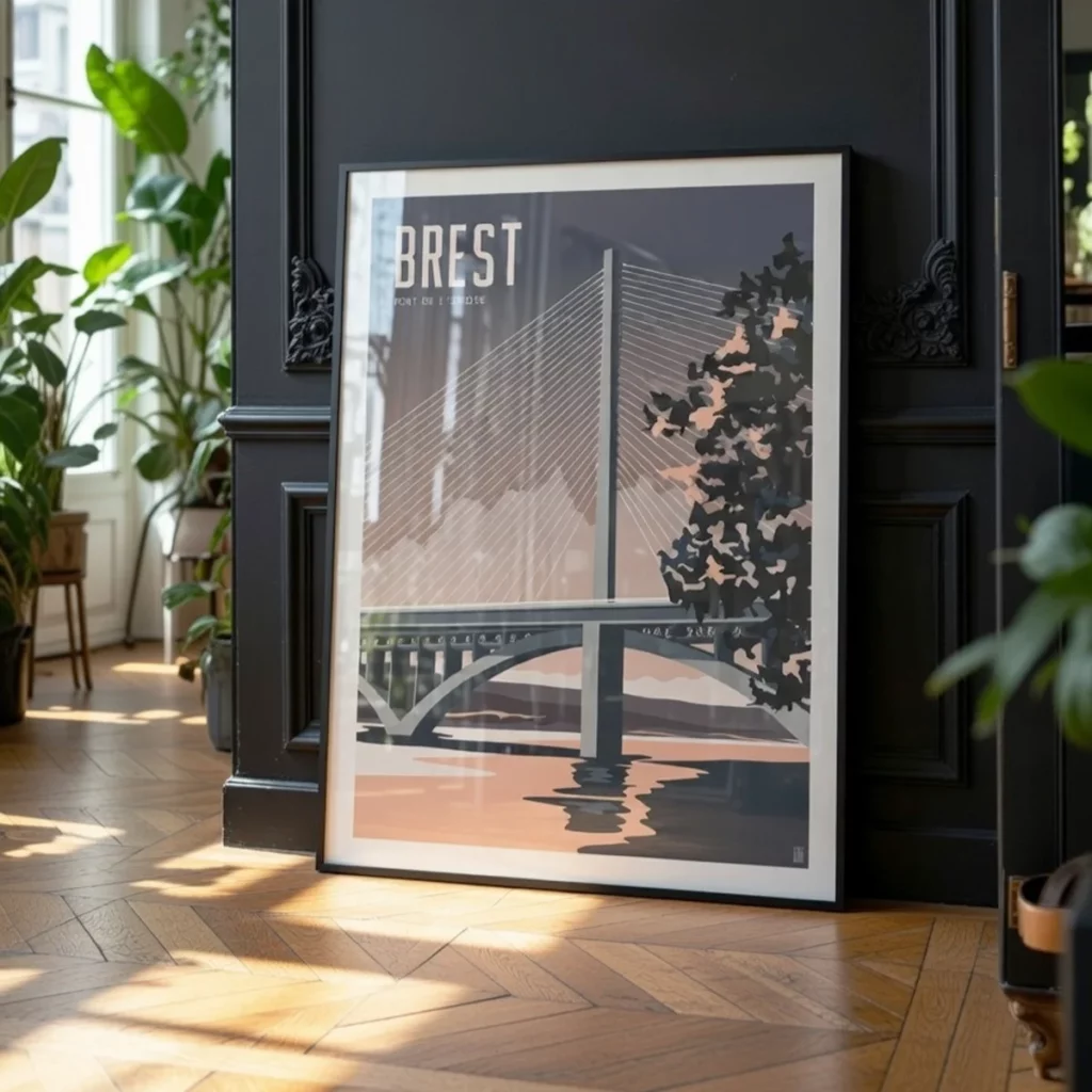 Décoration murale Brest : le Pont de l’Iroise en édition Ardoise Illustration du Pont de l'Iroise à Brest Edition Gris ardoise encadrée dans un intérieur type haussmannien classique chic - L'Affichologiste