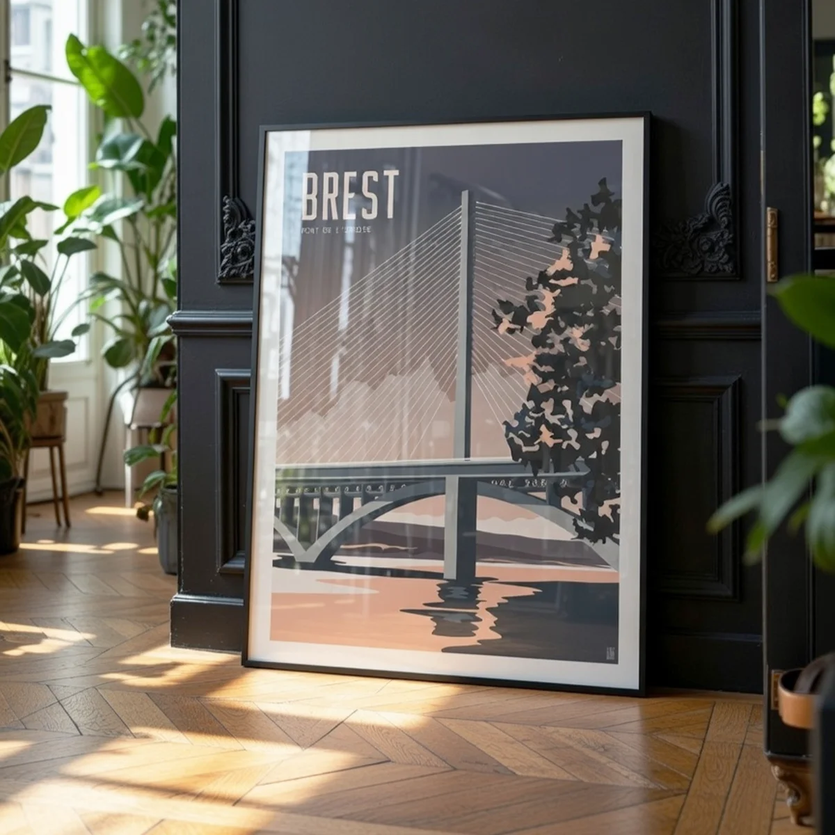 Illustration du Pont de l'Iroise à Brest Edition Gris ardoise encadrée dans un intérieur type haussmannien classique chic - L'Affichologiste