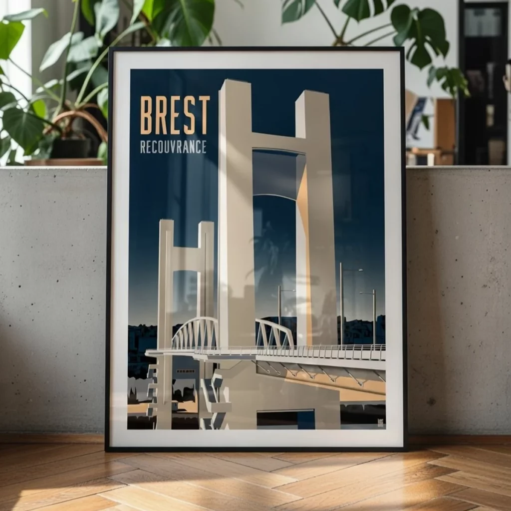 Icône de Brest : Pont de Recouvrance. Affiche Pont Recouvrance Brest, Edition Bleu orage encadrée dans une décoration moderne jungle - L'Affichologiste