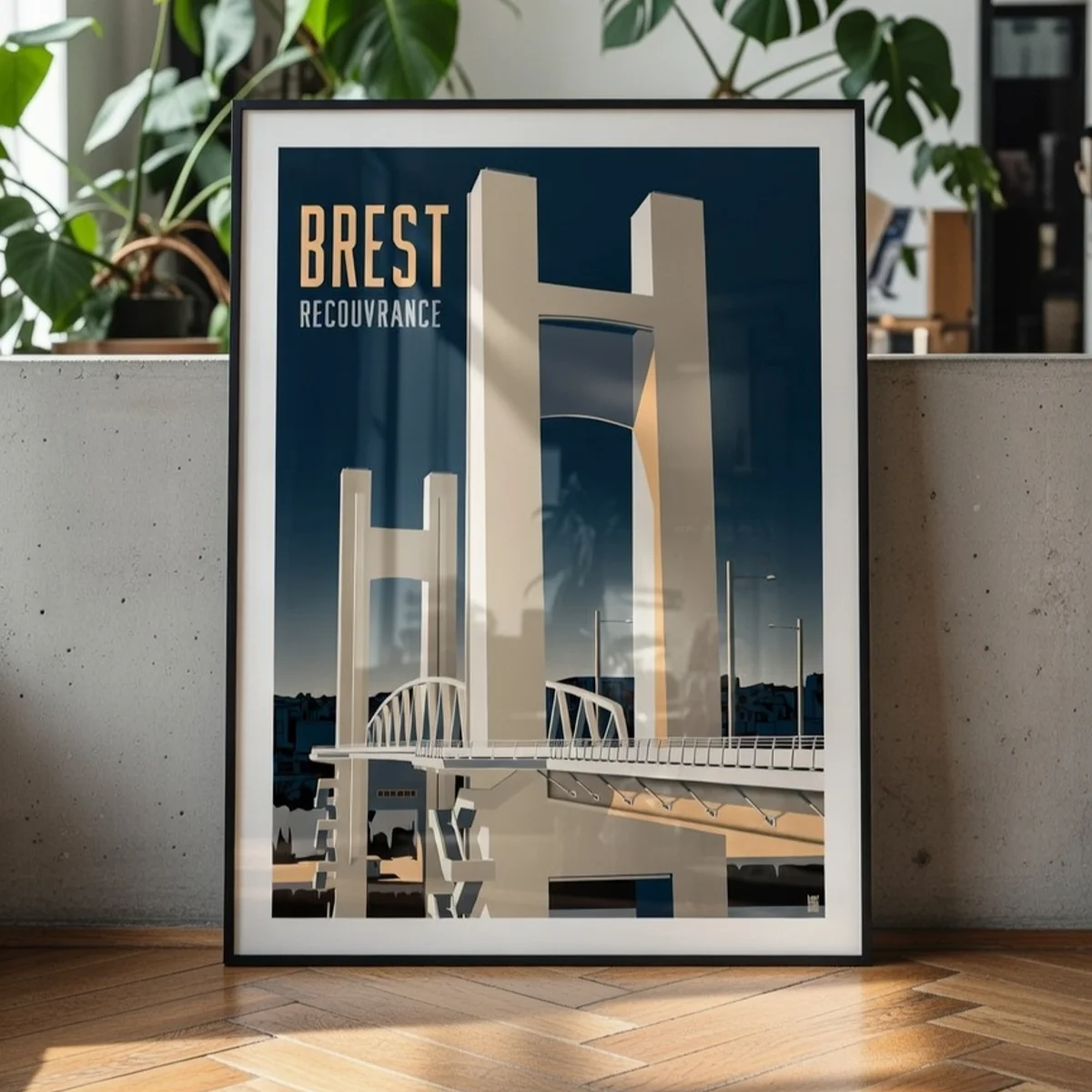 Affiche Pont Recouvrance Brest, Edition Bleu orage encadrée dans une décoration moderne jungle - L'Affichologiste