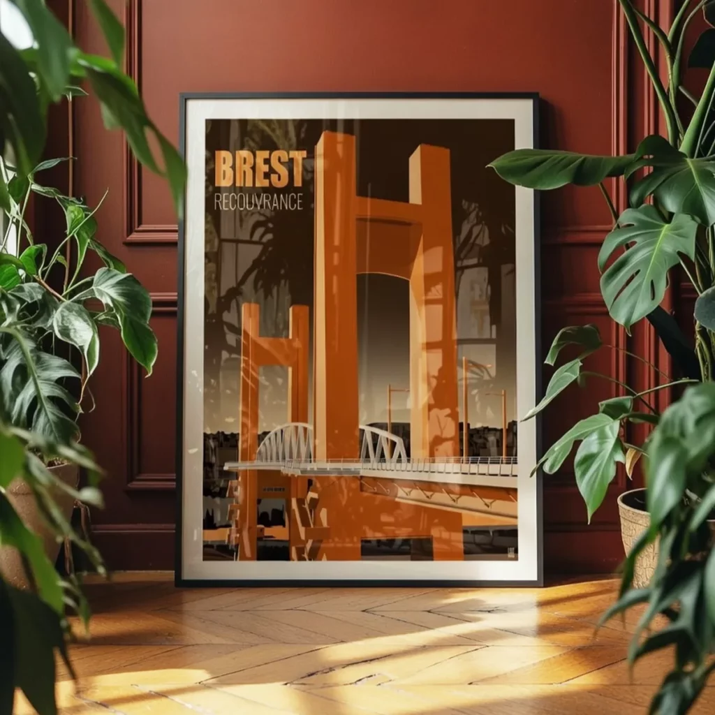 Pont de Recouvrance : signature identitaire de la cité du Ponant Affiche Pont Recouvrance Brest, Edition Noir Réglisse encadrée dans une décoration de salon type classique haussmannien jungle Dark - L'Affichologiste
