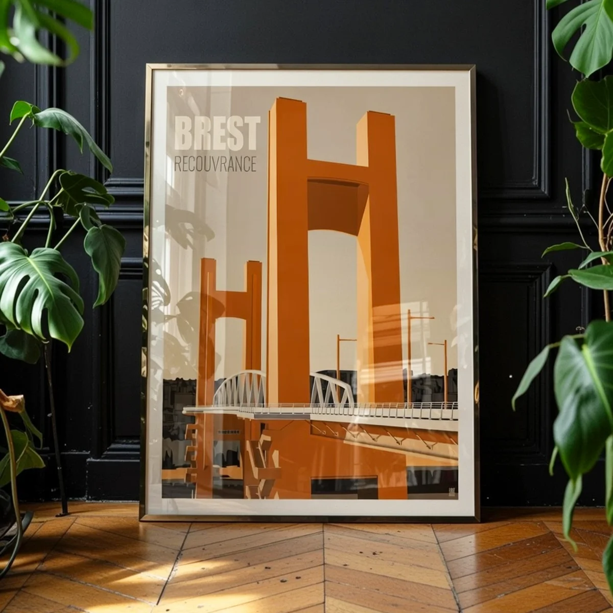 Affiche Pont Recouvrance Brest, Edition Pale Khaki encadrée dans une décoration de salon type classique haussmannien jungle Dark - L'Affichologiste