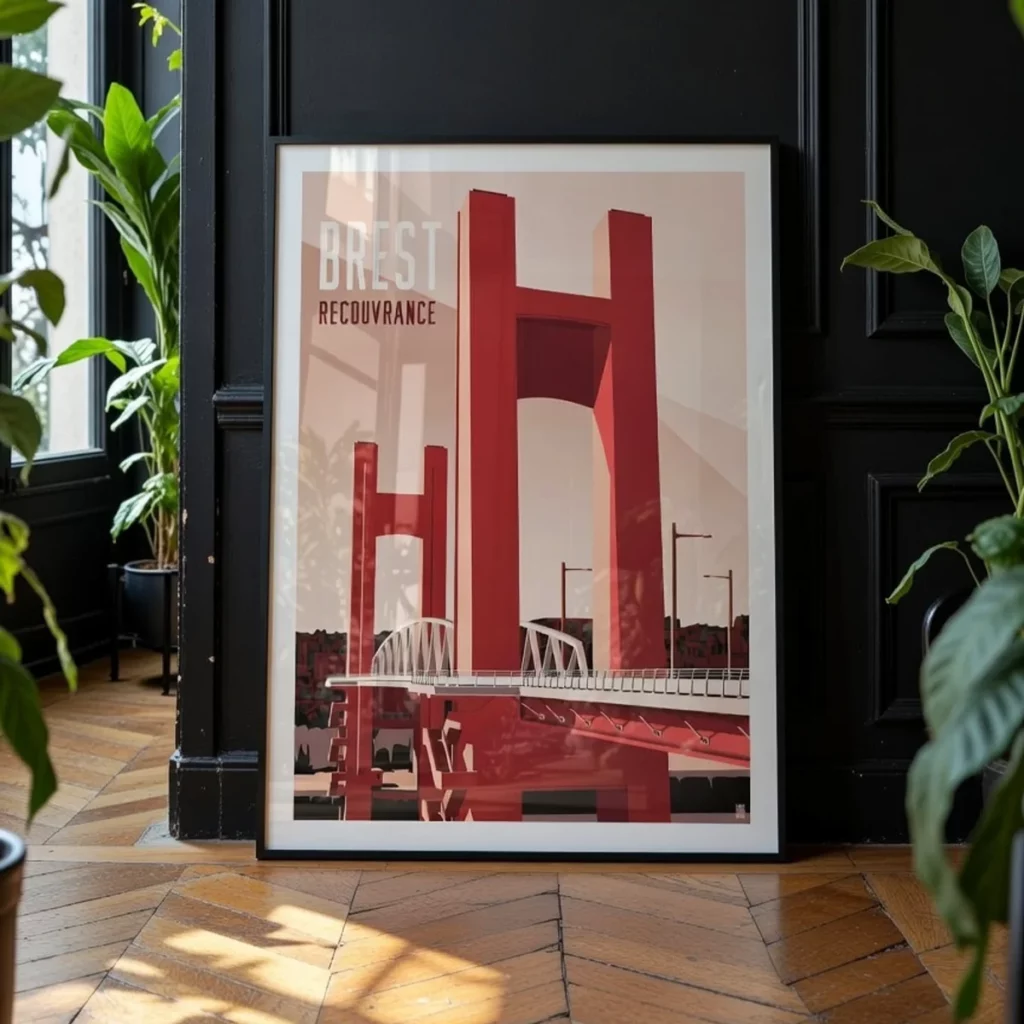 Décoration murale Brest : le Pont de Recouvrance par L’Affichologiste. Affiche du Pont de Recouvrance de Brest encadrée dans un intérieur moderne au design épuré - L'Affichologiste
