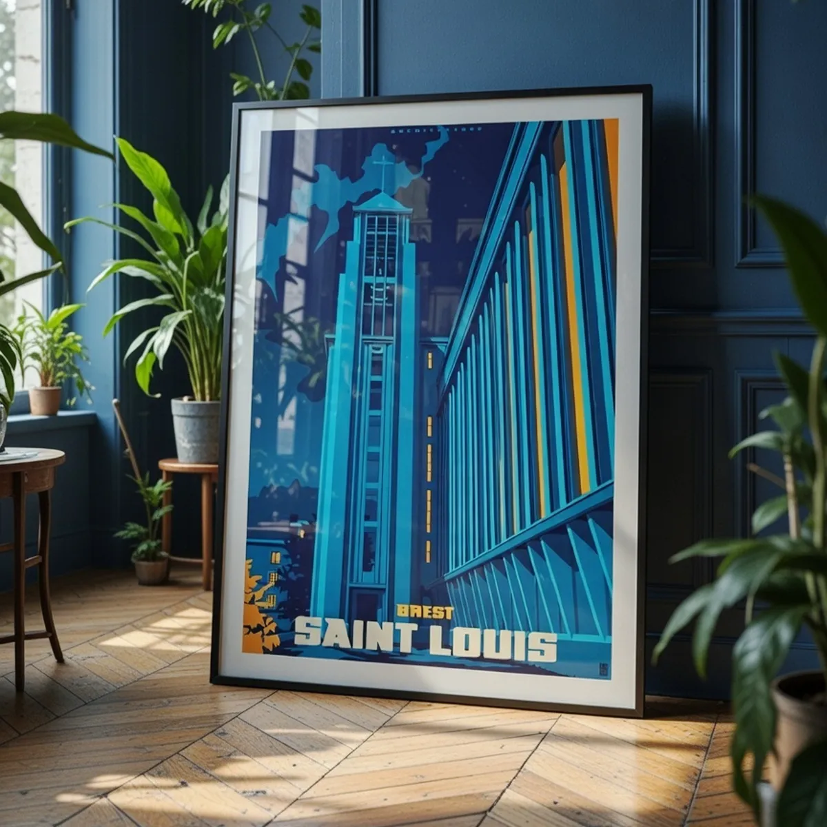 Décoration murale avec l'affiche encadrée de l'église Saint-Louis de Brest, design moderne bleu nuit dans un appartement type haussmannien néo contemporain teintes murales bleu - L'Affichologiste