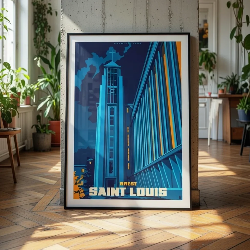 Mise en situation de l’affiche Église Saint-Louis Décoration murale avec l'affiche encadrée de l'église Saint-Louis de Brest, design moderne bleu nuit dans un intérieur contemporain loft béton brut - L'Affichologiste