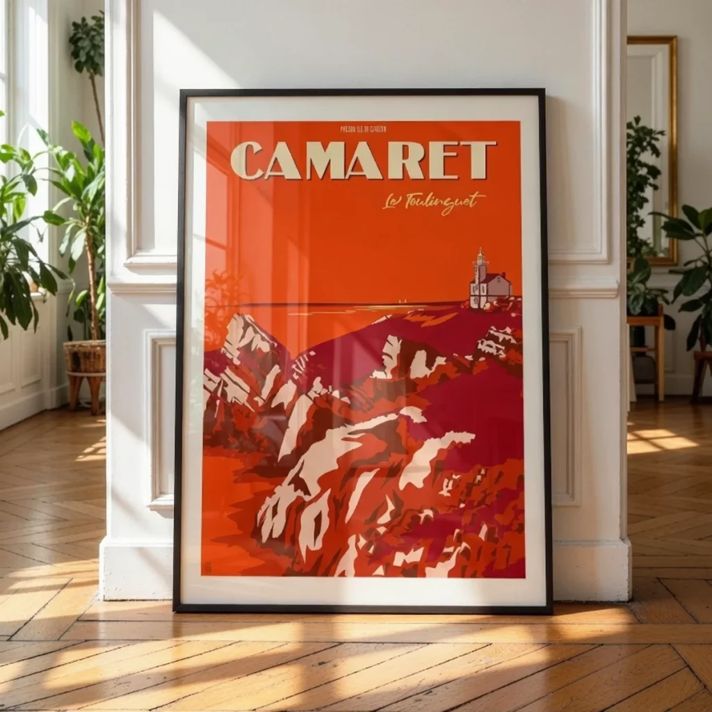 Décoration murale avec l'affiche Pointe du Toulinguet de L'Affichologiste, Edition Corail, encadrée dans un appartement moderne haussmannien.