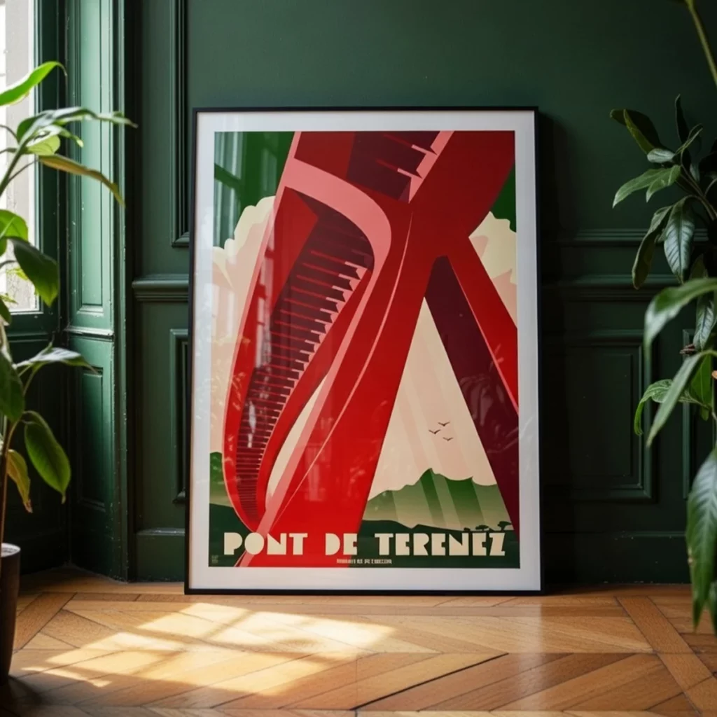 Idée décoration murale : le Pont de Térénez en édition Hooker Affiche du Pont de Térénez par L'Affichologiste Edition "vert Hooker" encadrée dans un appartement type haussmannien moderne chic.