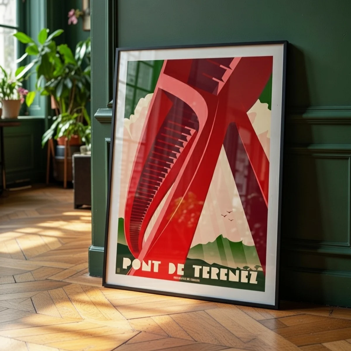Affiche du Pont de Térénez par L'Affichologiste Edition "vert Hooker" encadrée dans un appartement type haussmannien moderne chic.