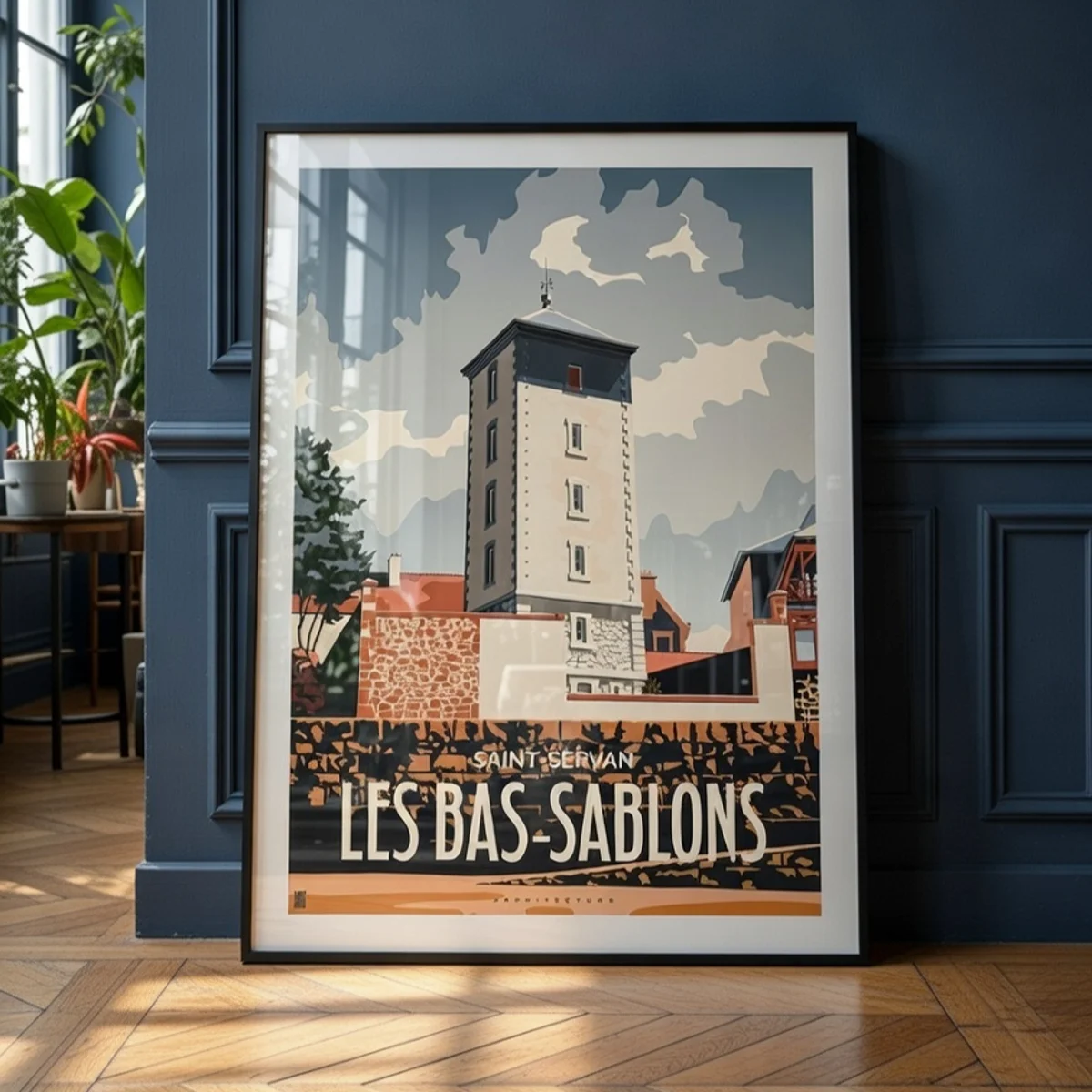 Décoration salon haussmannien avec affiche de Saint-Malo le phare des bas-Sablons Edition Spring Blue cadre élégant sur mur avec moulures - L'Affichologiste