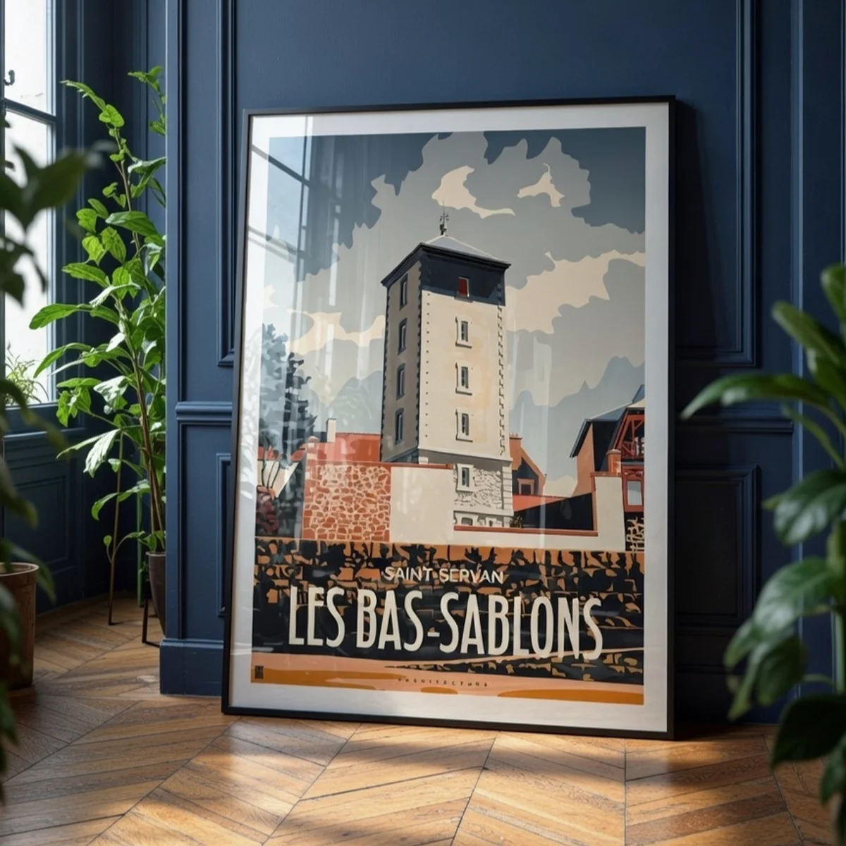 Décoration salon haussmannien avec affiche de Saint-Malo le phare des bas-Sablons Edition Spring Blue cadre élégant sur mur avec moulures - L'Affichologiste