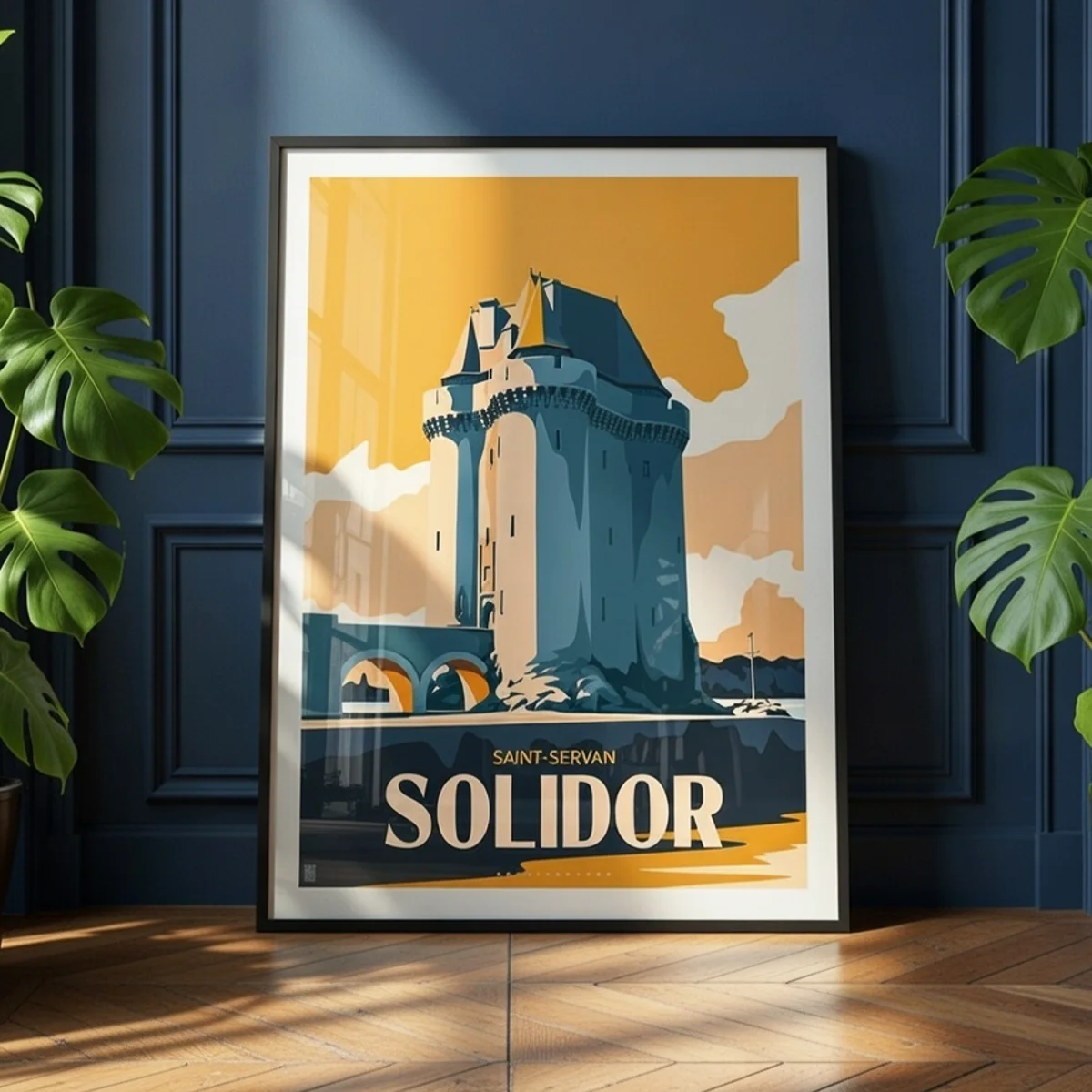 Affiche de la tour Solidor à Saint-Malo, style néo rétro, coloris Citrus, dans un appartement parisien DarkBlue - L'Affichologiste